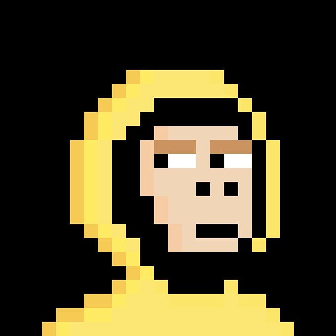 A pixel art character portrait of a blonde-haired figure with a neutral expression wearing a yellow shirt against a black background.