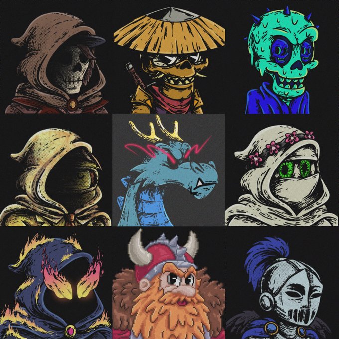 A collage of nine fantasy character illustrations on a black background, featuring hooded figures, skulls, a dragon, and warriors in various colorful designs.