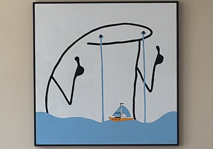 A whimsical framed painting showing two abstract figures with elongated, dripping blue tears falling from their eyes onto a small sailboat navigating stylized blue waves beneath a gray sky. The melancholic imagery of the crying figures contrasts with the optimistic "gm, everything gonna be fine" message, evoking a classic crypto/finance "crying inside" sentiment where traders project outward calm despite emotional turbulence.