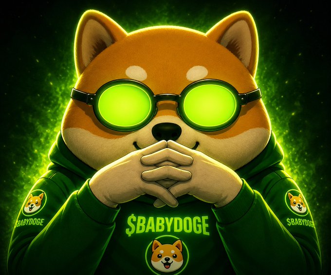 A cartoon Shiba Inu wearing glowing green goggles and a green hoodie featuring "$BABYDOGE" branding poses with hands clasped in a scheming or plotting gesture, perfectly illustrating the "buying $BABYDOGE" caption with its sly, contemplative vibe.