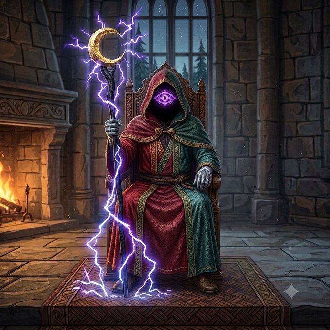 A fantasy digital artwork depicting a hooded sorcerer in red and green robes seated on a throne, holding a staff with a glowing crescent moon topper, with a glowing purple eye in the shadowed hood and lightning effects.
