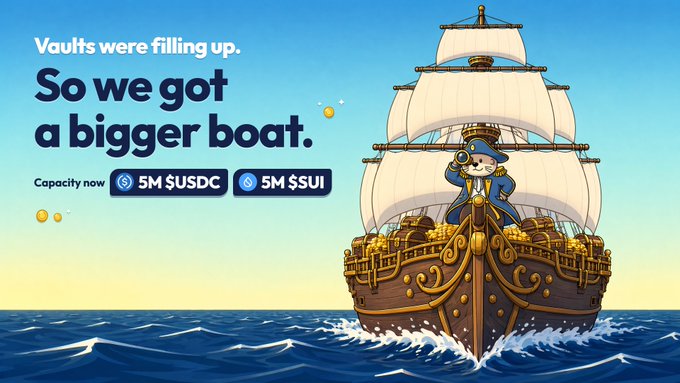 An illustrated cartoon otter captain in a blue coat stands at the helm of a large treasure-filled ship with golden coins overflowing its decks, sailing on the open sea. The text reads "Vaults were filling up. So we got a bigger boat. Capacity now 5M $USDC, 5M $SUI," visually announcing the expanded vault capacity for users to earn onchain yield as more participants join.