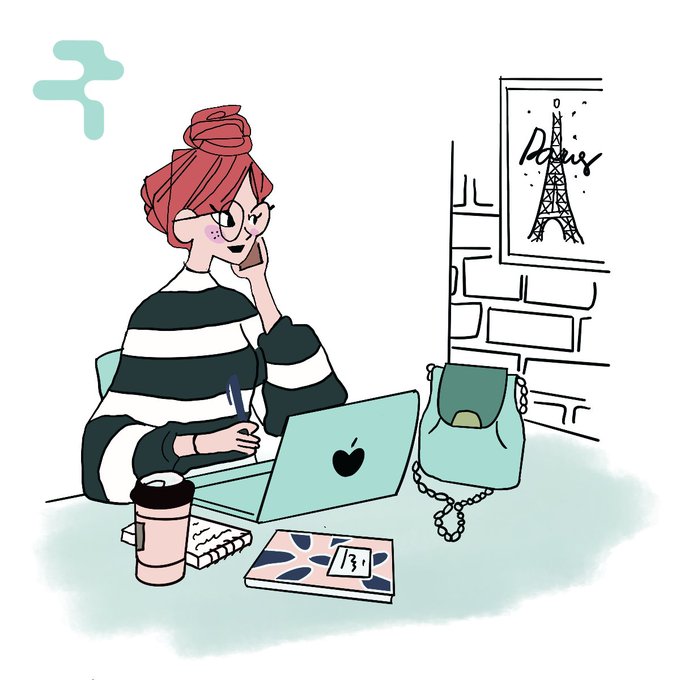 The image features a woman sitting at a desk with her laptop open, wearing glasses and a striped shirt. She has a cup of coffee next to her and a purse nearby. The background includes a picture of the Eiffel Tower on the wall behind her. The caption reads "1/ Hey fam, happy Summer. Amazing vibes, new destinations and good mood awaits us, as well as new updates from @RialoHQ team Rialo is the infrastructure for the next generation of intelligent systems".