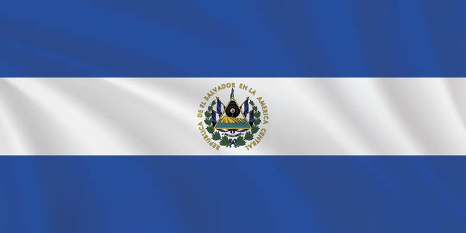 The national flag of El Salvador waves prominently, featuring its distinctive blue and white horizontal stripes with the national coat of arms in the center, encircled by the text "REPÚBLICA DE EL SALVADOR EN LA AMÉRICA CENTRAL." The image visually reinforces the post's message about Bitcoiners flocking to El Salvador, serving as a patriotic symbol of the country being praised as an emerging hub for cryptocurrency opportunity and innovation.