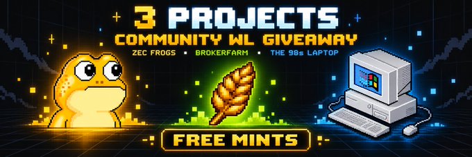 A retro pixel-art banner announcing '3 PROJECTS COMMUNITY WL GIVEAWAY' for 'ZEC FROGS • BROKERFARM • THE 90s LAPTOP', featuring a glowing yellow frog, a golden wheat icon, and a vintage computer, with 'FREE MINTS' at the bottom.