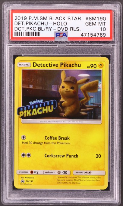 A PSA-graded 10 GEM MT Pokémon card features 'Detective Pikachu' with the label '2019 P.M.SM BLACK STAR #SM190 DET.PIKACHU-HOLO'.