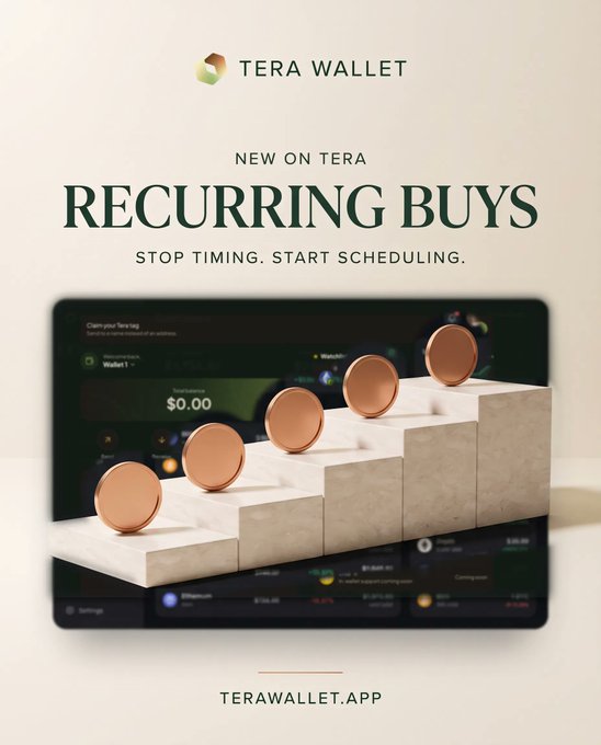 A promotional advertisement for 'TERA WALLET' featuring text 'NEW ON TERA RECURRING BUYS' and 'STOP TIMING. START SCHEDULING.' above an image of coins rolling up marble stairs, with 'TERAWALLET.APP' at the bottom.