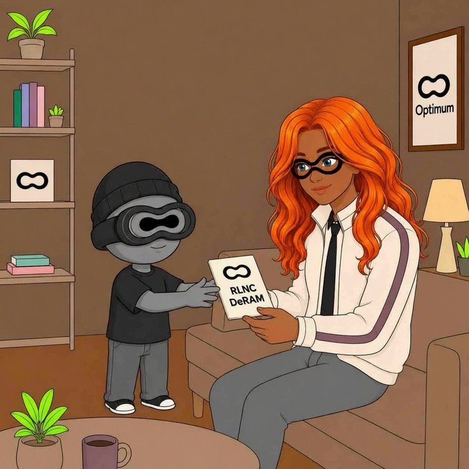 The cartoon depicts a woman with orange hair and glasses handing a document labeled "RLNC DeRAM" to a gray robot-like figure wearing a visor, with "Optimum" logos displayed on a framed picture and a shelf in the background. The image relates to the post by symbolizing how Optimum (@get_optimum) enhances blockchain speed through RLNC (Random Linear Network Coding) and DeRAM technology, addressing the need for fast information sharing across the network rather than just boosting transactions per second.
