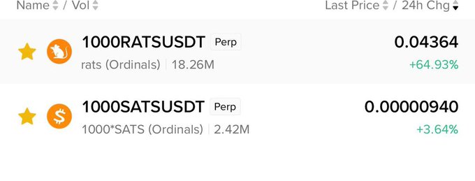The image shows a trading interface displaying two perpetual contracts: 1000RATSUSDT at $0.04364 (+64.93% in 24h) and 1000SATSUSDT at $0.00000940 (+3.64% in 24h). The screenshot supports the poster's Ordinals Trend Strategy by showing the price performance of both $RATS and $SATS, the assets being used for the simultaneous long/short position.