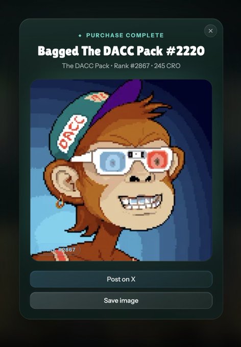 A "Purchase Complete" screen displays a successful acquisition of "The DACC Pack #2220" (Rank #2867) for 245 CRO, featuring a pixel-art monkey wearing 3D glasses and a "DACC" cap, illustrating the special celebratory moment of buying an NFT on the Ebisus platform.