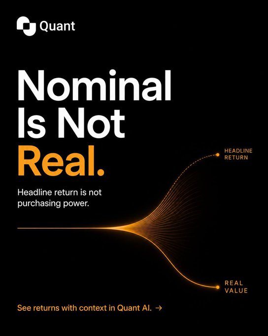 A black advertisement for 'Quant' reads 'Nominal Is Not Real. Headline return is not purchasing power,' with graphics showing the divergence between headline return and real value.