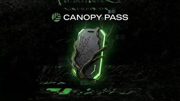A promotional graphic for 'CANOPY PASS' showing a dark shield-like emblem with a tree design wrapped in glowing green vines against a black background.