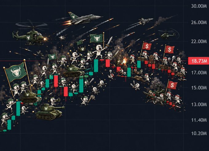 A stylized financial chart depicts a violent 'bull vs. bear' battle with cartoon characters, tanks, jets, and helicopters clashing above candlestick patterns near a highlighted price of '18.73M'.