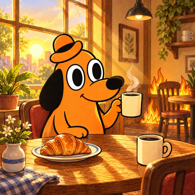 A cartoon illustration of an orange dog wearing a hat, sitting at a wooden table with a croissant and a steaming coffee mug, with a cozy cafe interior and fireplace in the background.