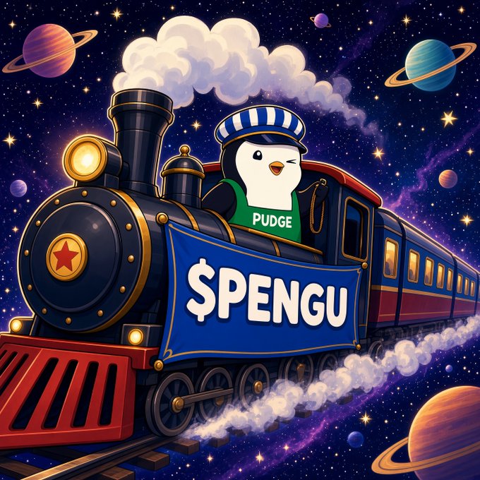 A vibrant cartoon illustration shows a penguin wearing a green 'PUDGE' shirt and striped hat, driving a steam train through a colorful space scene with planets and stars, with a banner reading '$PENGU'.
