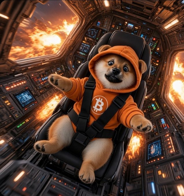 An AI-generated image of a Shiba Inu dog wearing an orange hoodie with the Bitcoin '₿' logo, strapped into a spaceship pilot seat surrounded by flames and cockpit controls.
