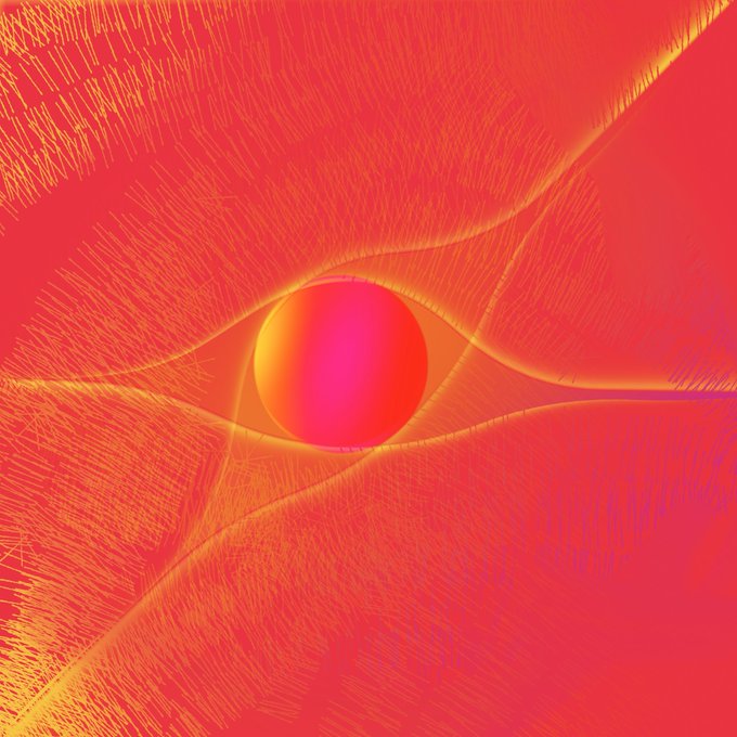 A vibrant digital artwork dominated by bright red and orange tones, featuring a central pink and orange sphere surrounded by radiating, feathery lines that resemble an abstract eye or explosion.