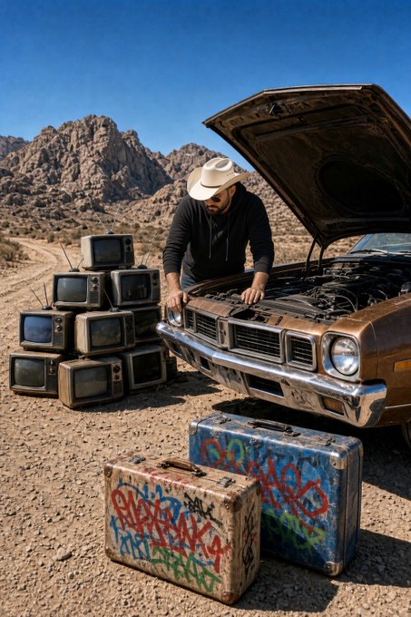 A man wearing a cowboy hat fixes the engine of a brown car in a desert, surrounded by stacks of old TVs and graffiti-covered suitcases.