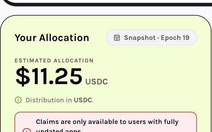 The image shows a "Your Allocation" screen for the Grass Season 2 airdrop, displaying an estimated allocation of $11.25 USDC at Snapshot Epoch 19, with a notice that claims are only available to users with fully updated apps. This aligns with the post's frustration, as the $11.25 allocation represents a dramatic drop from the ~$8,000 received in Season 1, likely contributing to the user's disappointment and decision to delete the app.