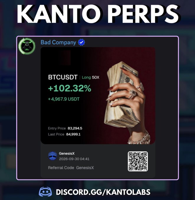 An advertisement for 'KANTO PERPS' showing a trading interface for 'Bad Company' with a BTCUSDT Long 50X position showing +102.32% gain, featuring an image of a hand holding cash, with the URL 'DISCORD.GG/KANTOLABS' at the bottom.