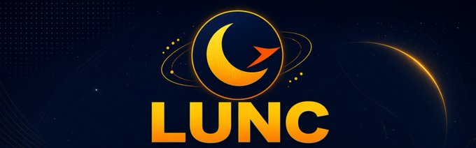 A dark blue space-themed graphic displays a crescent-and-arrow emblem above large gold text reading “LUNC,” with orbit lines, stars, and a glowing planet curve in the background.