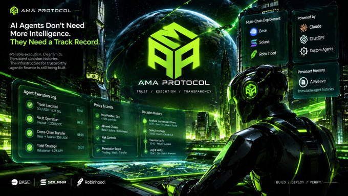 A promotional graphic for 'AMA Protocol' states 'AI Agents Don't Need More Intelligence. They Need a Track Record,' highlighting agent execution logs, policies and limits, and decision history powered by Claude, ChatGPT, and Custom Agents.