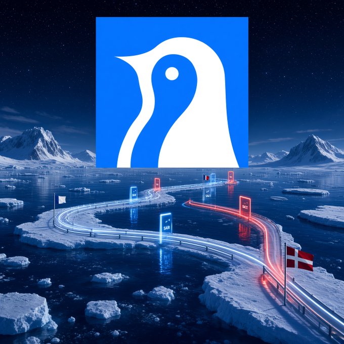 A stylized blue and white logo sits above a futuristic nighttime scene of icy terrain with glowing red and blue roads and various flags.