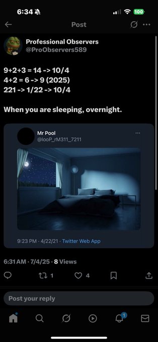 A screenshot of a Twitter/X post from @ProObservers589 showing dates calculating to 'When you are sleeping, overnight,' quoting a tweet by @looP_rM311_7211 of a dark bedroom at night posted 9:23 PM on 4/22/21.