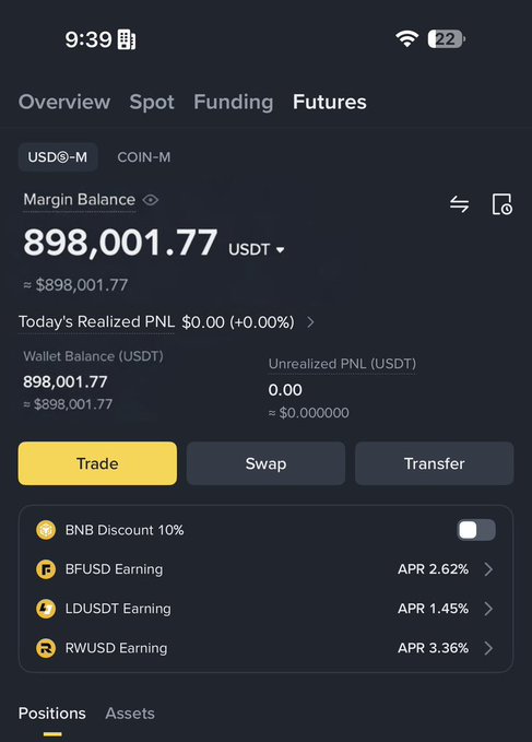 A Binance Futures dashboard shows a margin balance of 898,001.77 USDT in the USDⓢ-M account with zero positions open, illustrating the substantial crypto holdings the user claims to be giving away from.