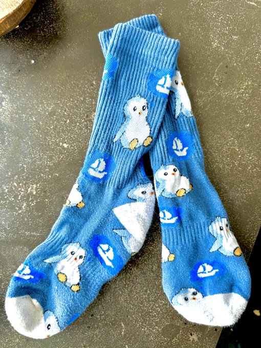 A pair of light blue knee-high socks featuring cute white penguin characters and small blue circular logos.
