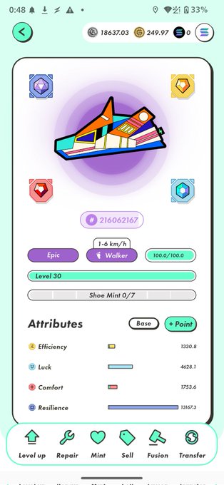 A mobile game screen showing a Level 30 Epic Walker sneaker NFT with attributes including Efficiency (13,130.8), Luck (4,628.1), Comfort (1,753.6), and Resilience (13,167.3), along with action buttons for Level up, Repair, Mint, Sell, Fusion, and Transfer.