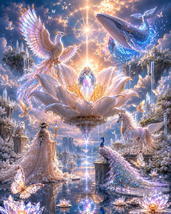 A fantasy digital artwork featuring a phoenix, a whale, a unicorn, a peacock, and a princess surrounding a glowing crystal lotus in a celestial dreamscape.