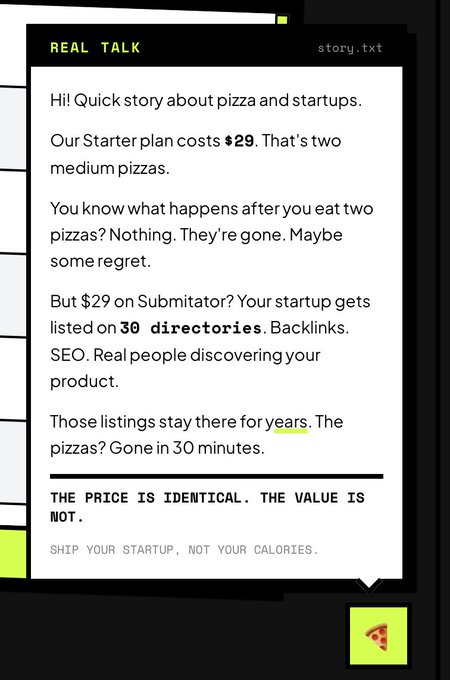 A 'REAL TALK' promotional graphic comparing a $29 Starter plan to the cost of two pizzas, emphasizing '30 directories' and 'years' of value vs. 30 minutes of pizza enjoyment.