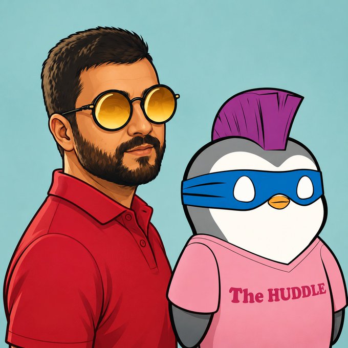 A cartoon illustration shows a bearded man in a red shirt and yellow-tinted sunglasses standing next to a penguin mascot with a purple mohawk and blue mask, wearing a pink shirt that reads "The HUDDLE," visually representing the "100$ USDC giveaway" promotional post.
