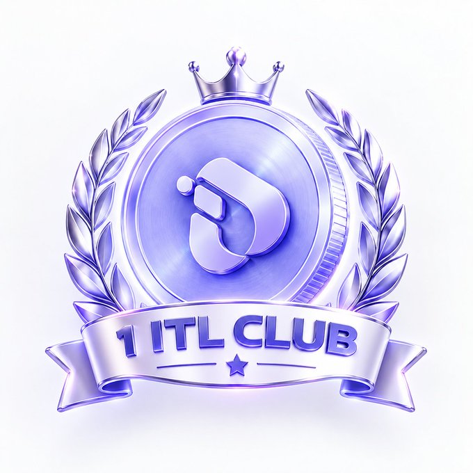 A sleek purple and silver emblem featuring a crowned medallion with laurel wreaths, a stylized logo, and a banner reading "1 ITL CLUB" — symbolizing achievement and membership within the InterLink ecosystem, as referenced in the weekend check-in post.