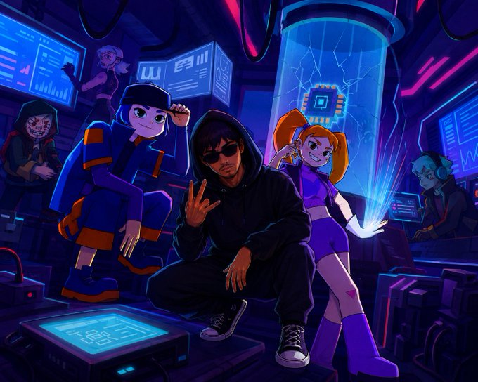 A cyberpunk hacker squad poses confidently around a glowing central processor, projecting an aura of long-term innovation and community-driven building that mirrors the post's vision of meaningful, sustained collaboration. The dark, hooded figure flashing a peace sign at the center, flanked by a cap-wearing tech and an orange-haired ally, visually embodies the "wired-in" creative partnership the author describes.