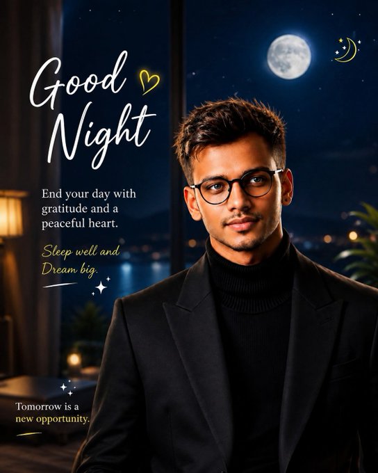 A 'Good Night' greeting card featuring a young man in glasses and a black turtleneck against a nighttime cityscape backdrop, with text reading 'End your day with gratitude and a peaceful heart' and 'Tomorrow is a new opportunity.'