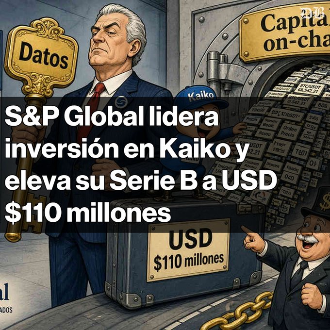 A Spanish news graphic titled 'S&P Global lidera inversión en Kaiko y eleva su Serie B a USD $110 millones', featuring an illustration of a man with a 'Datos' key next to a vault labeled 'Capital' and a briefcase reading 'USD $110 millones'.
