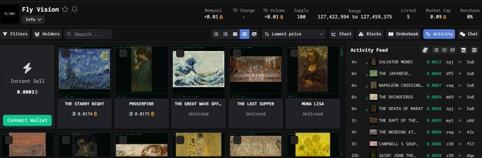 A screenshot of the Fly Vision NFT marketplace showing art listings like 'The Starry Night', 'The Great Wave Off...', and 'Mona Lisa' with prices around 0.0175 SUI, alongside an activity feed on the right.