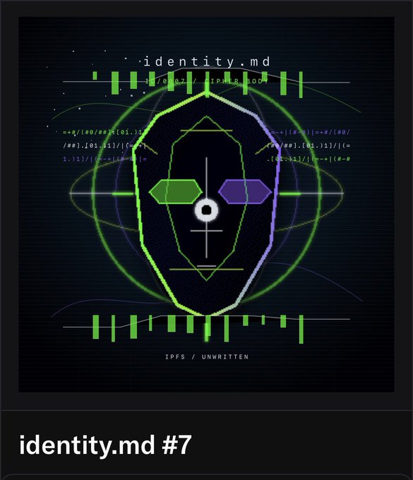 A digital graphic titled 'identity.md #7' features a stylized green and purple geometric face design with the text 'IFPS / UNWRITTEN' and scattered code snippets.