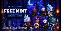 A Halloween-themed game advertisement featuring cartoon characters and the text 'GET EXCLUSIVE FREE MINT BURNING 24 HOURS' and 'GET EXCLUSIVE FREE MINT.'