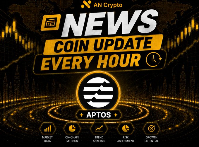 A promotional graphic from AN Crypto advertising hourly news updates for the cryptocurrency APTOS, featuring icons for market data, on-chain metrics, trend analysis, risk assessment, and growth potential.