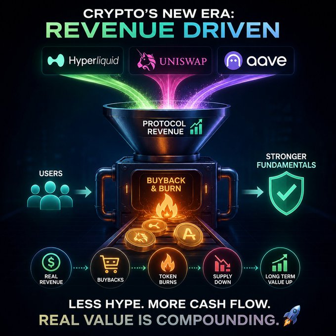 A crypto-themed infographic titled "CRYPTO'S NEW ERA: REVENUE DRIVEN" featuring logos for Hyperliquid, Uniswap, and Aave, illustrating a "BUYBACK & BURN" process that flows from "REAL REVENUE" to "LONG TERM VALUE UP."