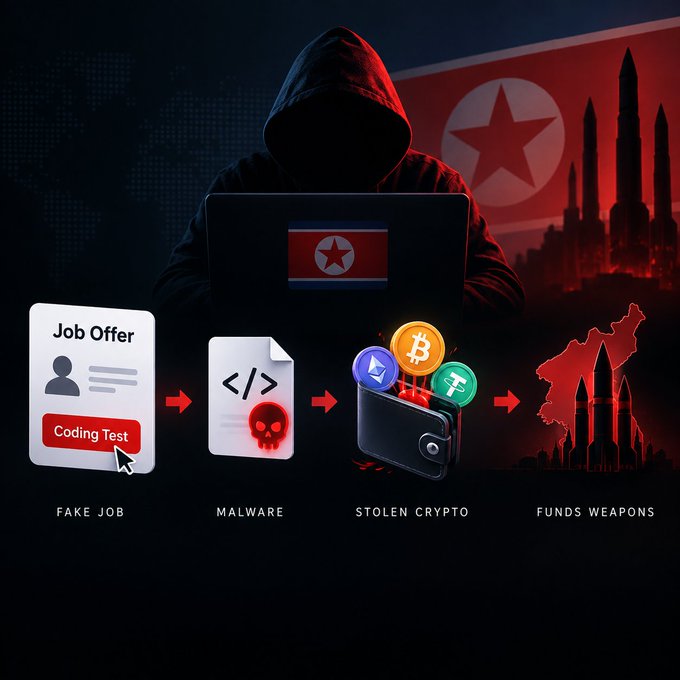 An infographic illustrating a cyberattack/crypto scam flow showing: Fake Job (Coding Test) → Malware → Stolen Crypto → Funds Weapons, with a hooded figure at a laptop against a North Korean flag backdrop.
