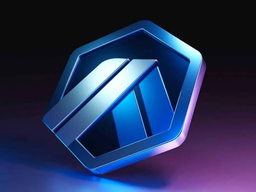 A 3D-rendered metallic blue hexagonal logo with angled inner shapes floats against a dark background.