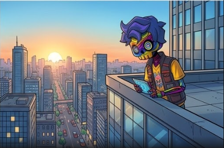 A vibrant cartoon character with purple hair, glowing goggles, and a gas mask stands on a city rooftop at sunset, holding a glowing blue tablet while overlooking a sprawling metropolis with a setting sun on the horizon. The image visually represents the post's theme of exploration and mapping out new ventures, with the character's tech-savvy, futuristic appearance embodying the metaverse journey described in the caption.