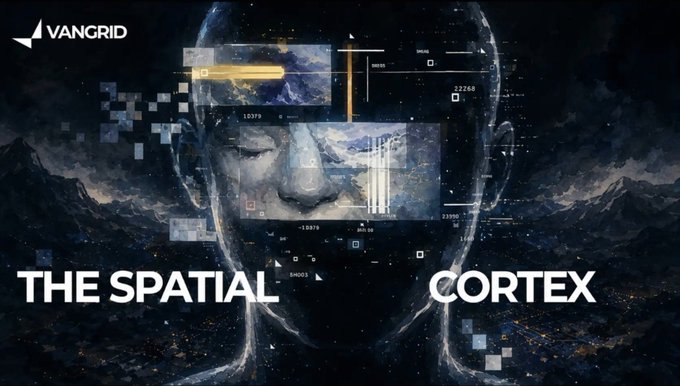 A digital graphic displays the text 'VANGRID' and 'THE SPATIAL CORTEX' over a stylized, wireframe human face with data overlays.