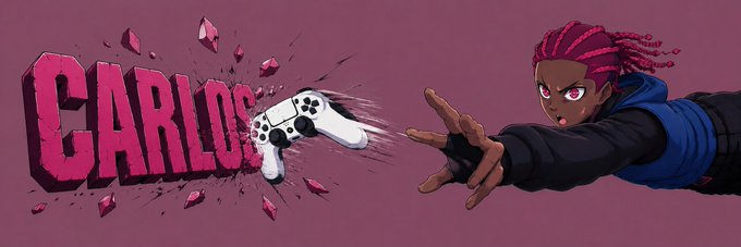 Promotional banner featuring a stylized illustration of a character with pink dreadlocks reaching for a game controller, with the word "CARLOS" in bold pink letters bursting from the left side.