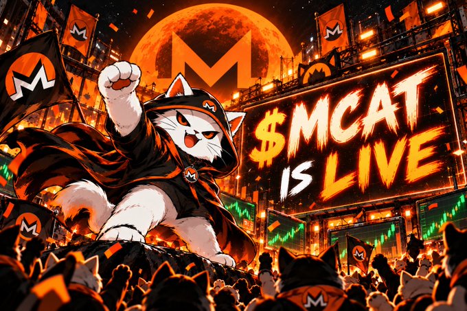 A vibrant illustration featuring an anthropomorphic white cat in a black hoodie with a raised fist, standing before a crowd holding flags with the Monero (M) logo, alongside a sign reading '$MCAT IS LIVE' against a red moon backdrop.