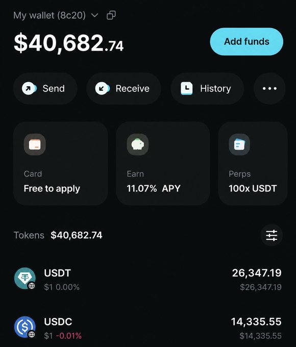 A crypto wallet interface showing a balance of $40,682.74 with Send, Receive, and History buttons, displaying token holdings including 26,347.19 USDT and 14,335.55 USDC.